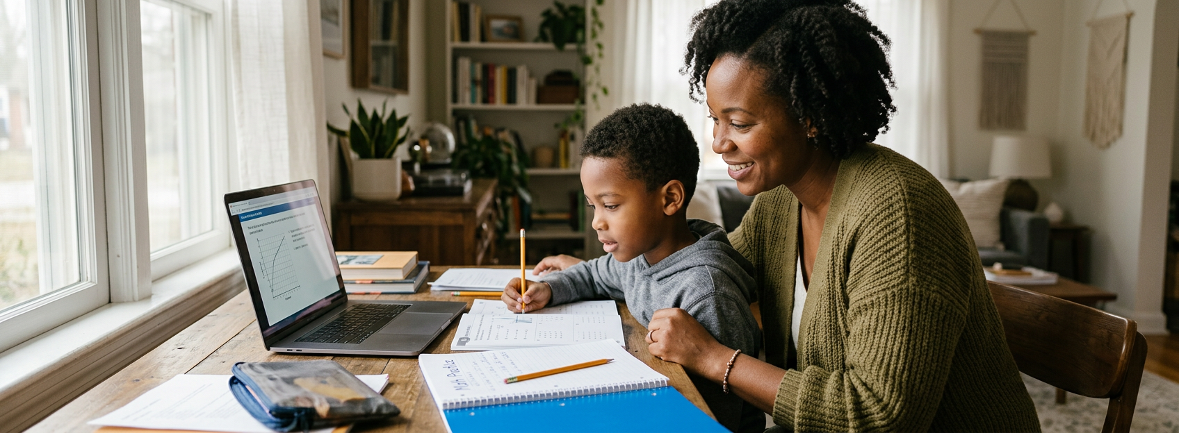 A parent supporting their child as they study at home