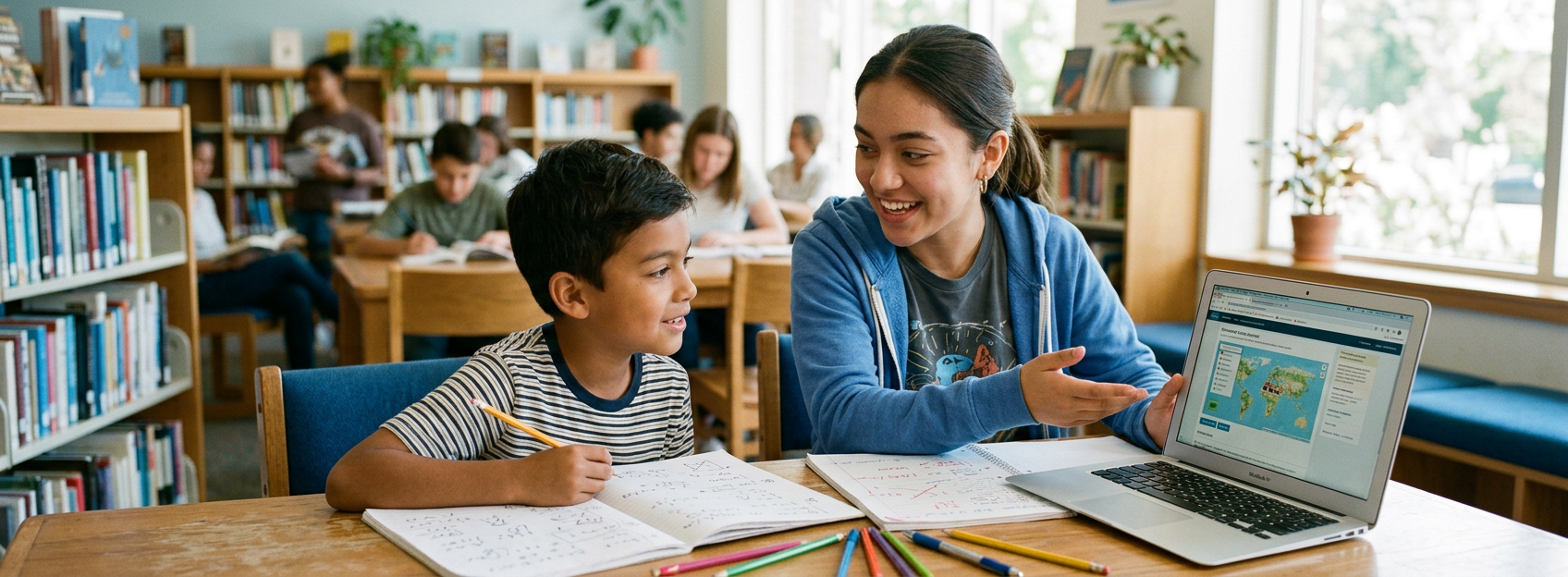 A high school tutor guiding a younger student through a lesson